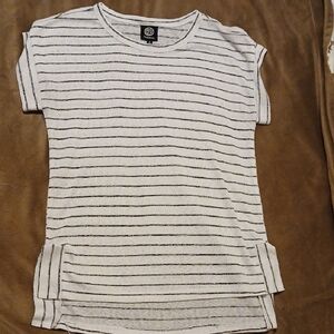 Bobeau White and Black Striped Cap-Sleeve Knit Tee